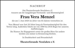 Traueranzeige Vera Menzel