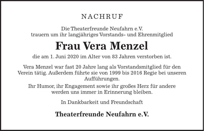 Traueranzeige Vera Menzel