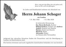 Traueranzeige Johann Schoger
