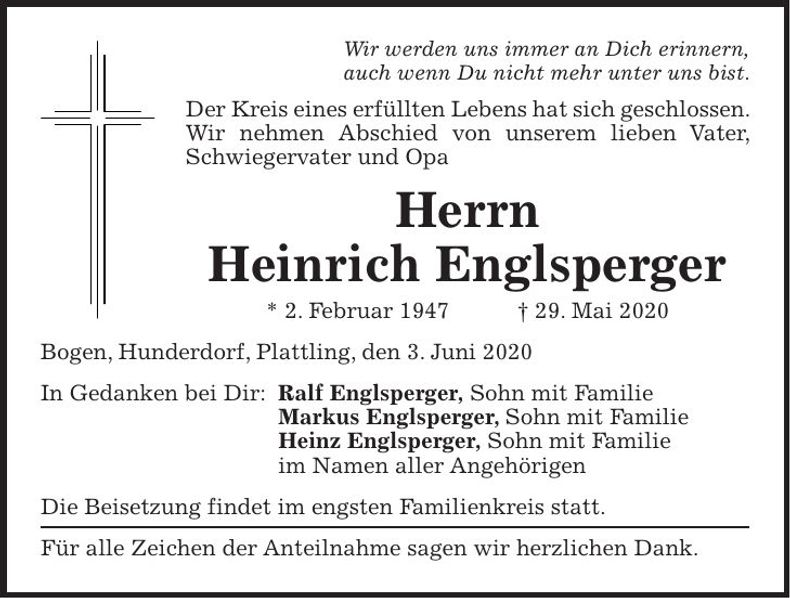 Traueranzeige Heinrich Englsperger