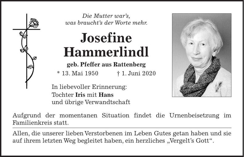 Traueranzeige Josefine Hammerlindl
