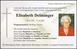 Traueranzeige Elisabeth Deiminger