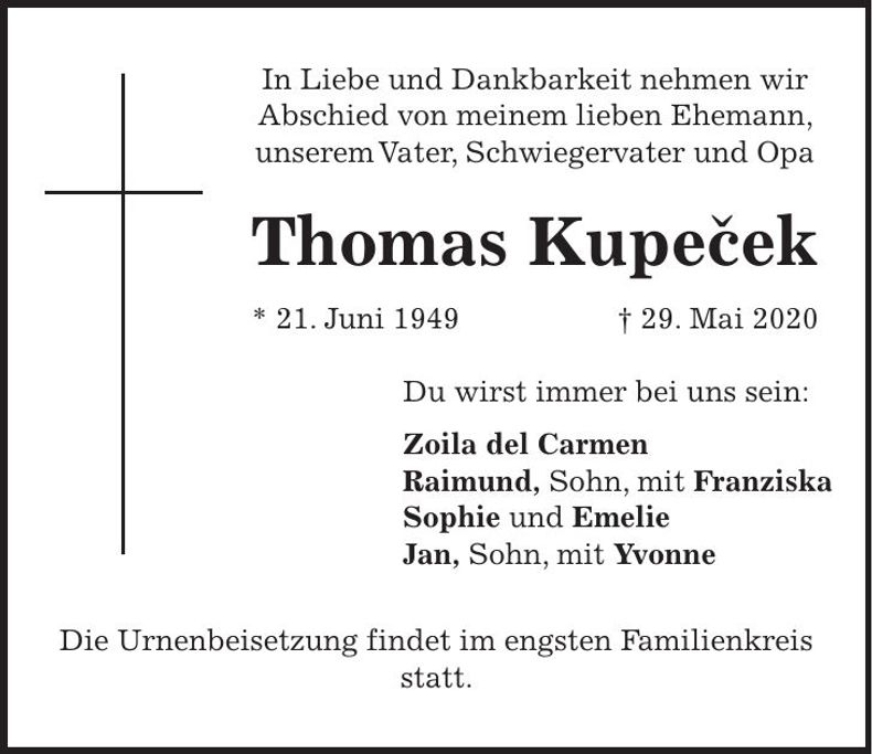 Traueranzeige Thomas Kupecek