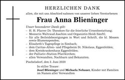 Traueranzeige Anna Blieninger