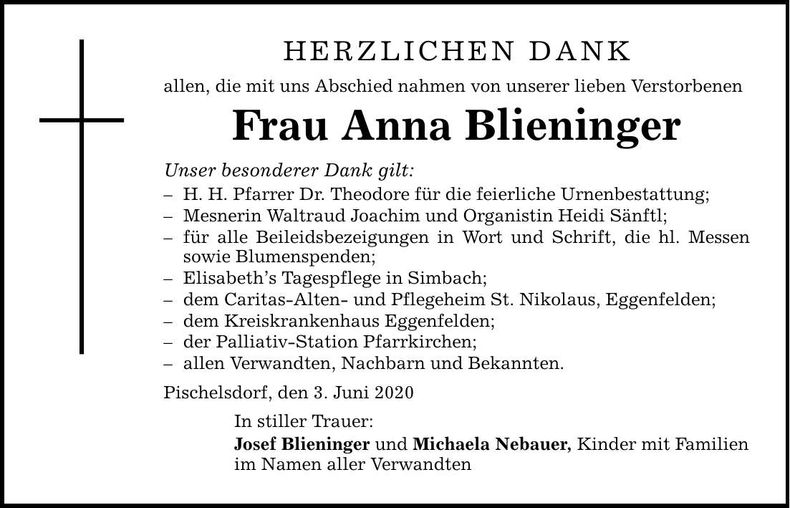 Traueranzeige Anna Blieninger