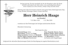 Traueranzeige Heinrich Haage