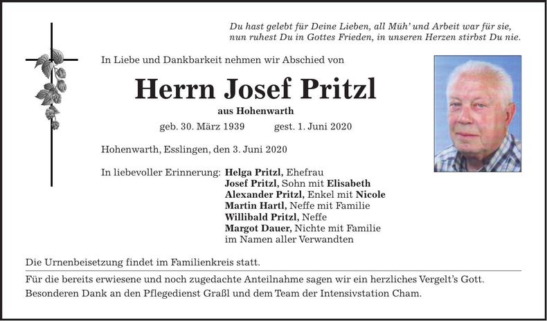 Traueranzeige Joslef Pritzl