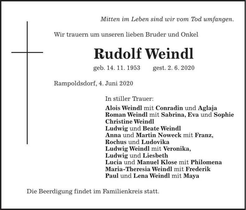 Traueranzeige Rudolf Weindl