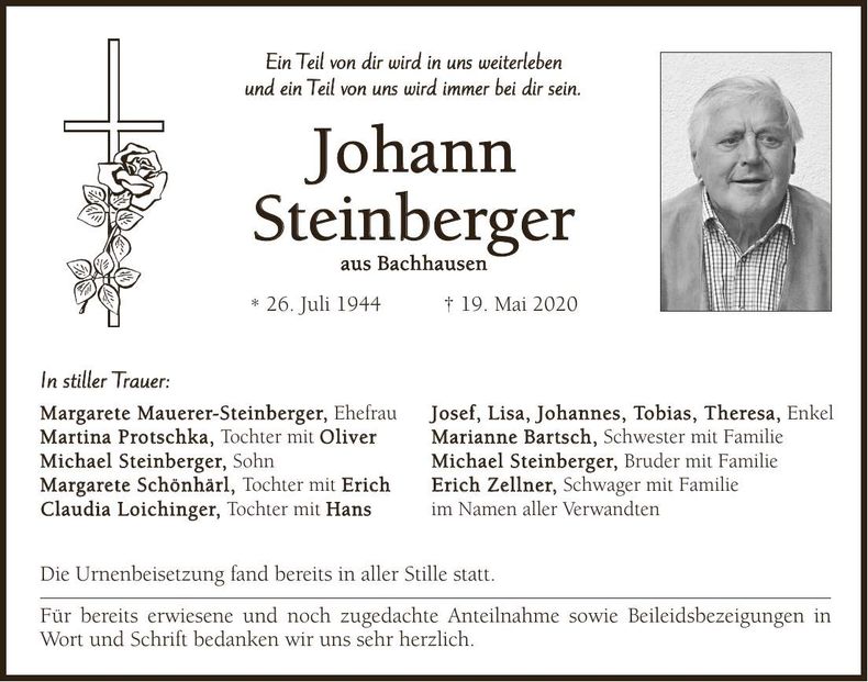 Traueranzeige Johann Steinberger