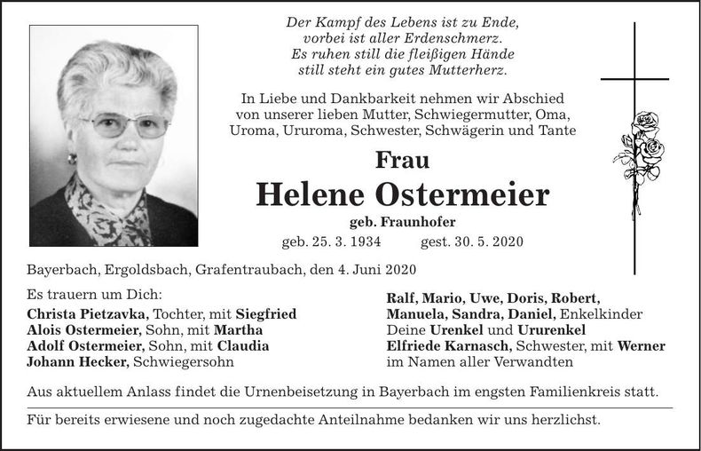 Traueranzeige Helene Ostermeier