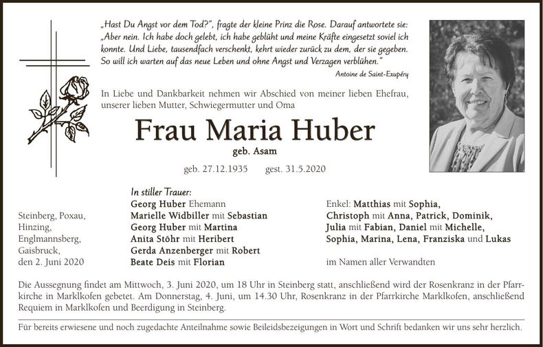 Traueranzeige Maria Huber