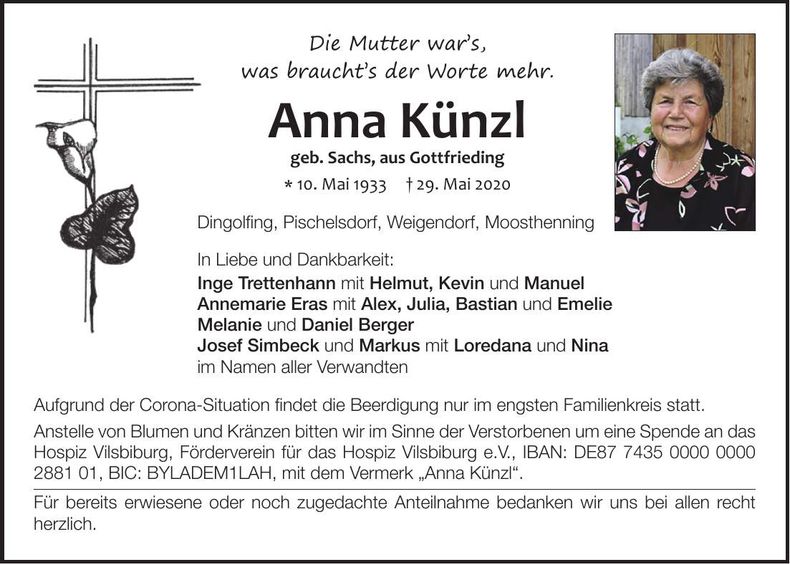 Traueranzeige Anna Künzl