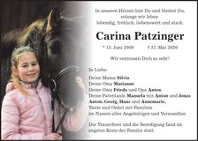 Traueranzeige Carina Patzinger