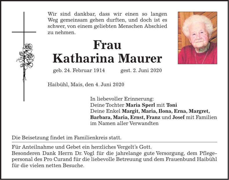 Traueranzeige Katharina Maurer
