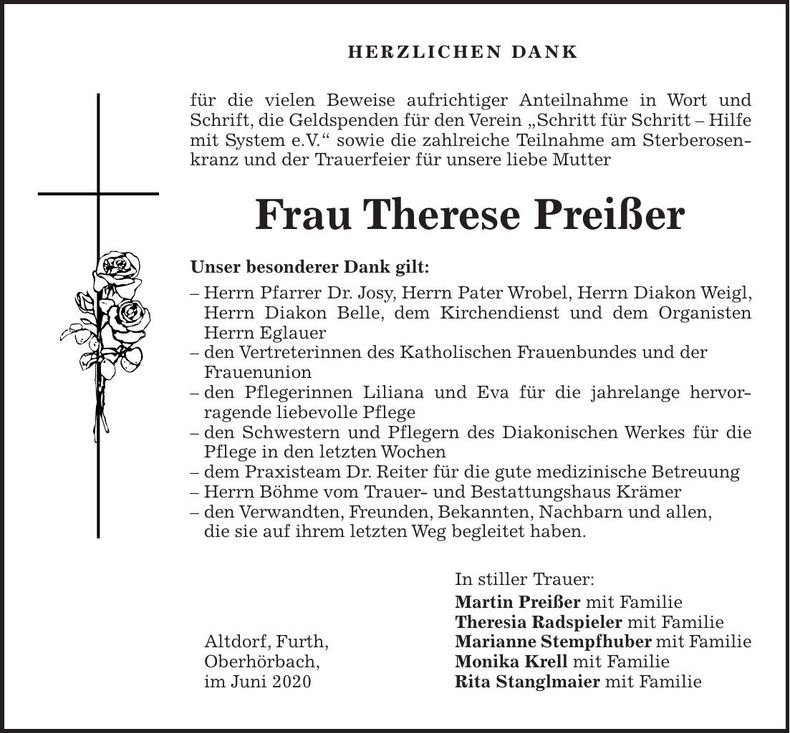 Traueranzeige Therese Preißer
