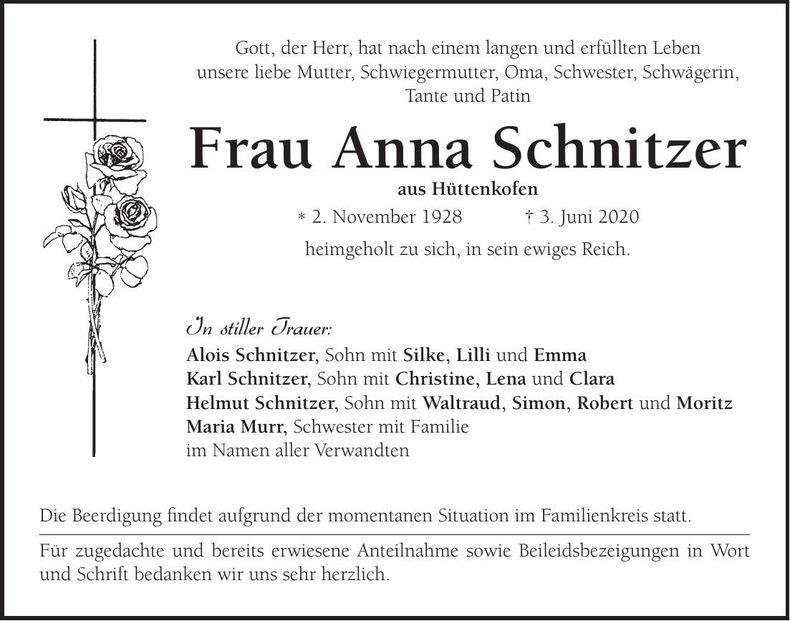Traueranzeige Anna Schnitzer