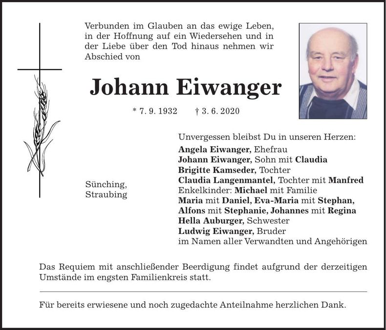 Traueranzeige Johann Eiwanger