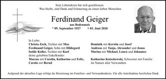 Traueranzeige Ferdinand Geiger