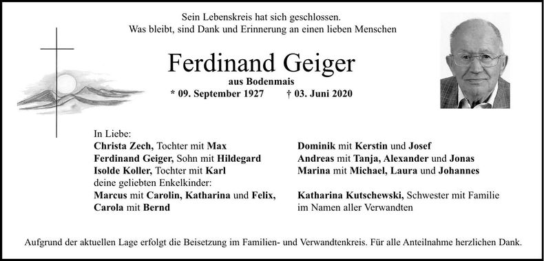 Traueranzeige Ferdinand Geiger