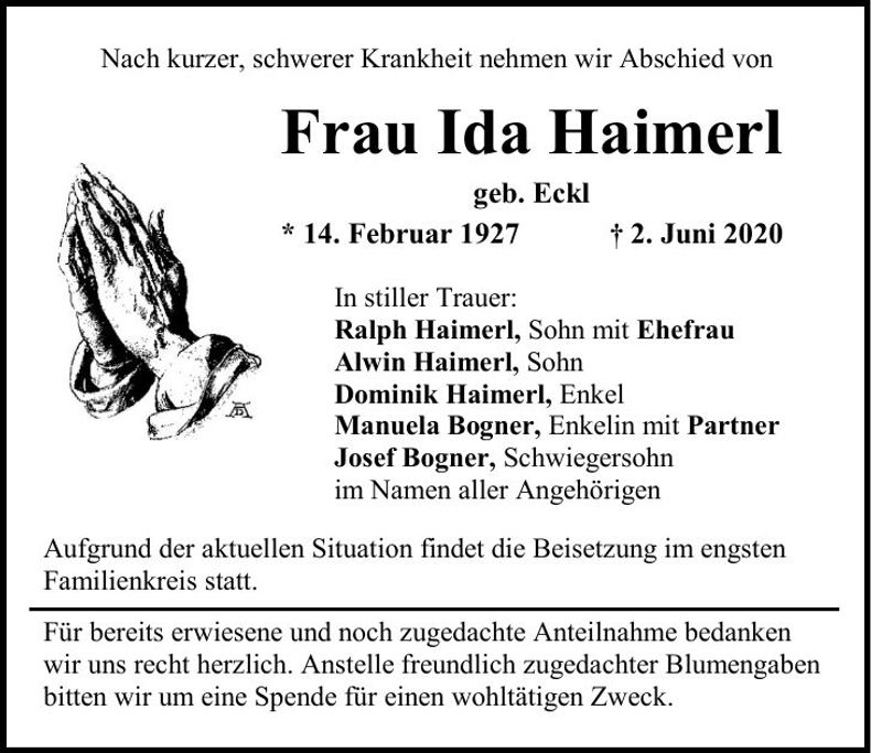 Traueranzeige Ida Haimerl