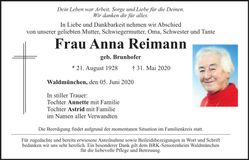 Traueranzeige Anna Reimann
