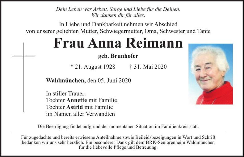 Traueranzeige Anna Reimann