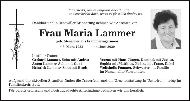Traueranzeige Maria Lammer