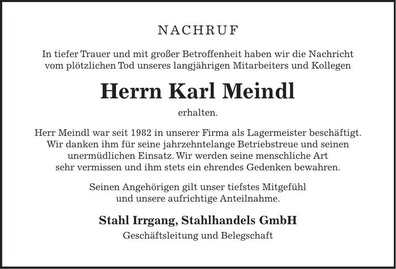 Traueranzeige Karl Meindl
