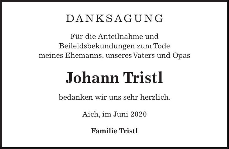 Traueranzeige Johann Tristl