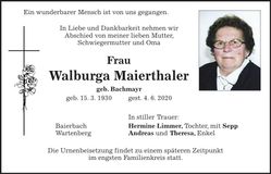 Traueranzeige Walburga Maierthaler
