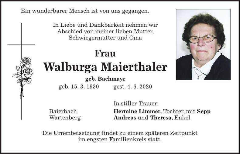 Traueranzeige Walburga Maierthaler