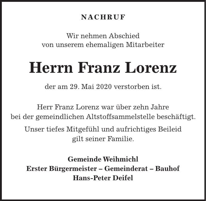 Traueranzeige Franz Lorenz