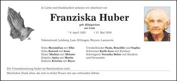 Traueranzeige Franziska Huber
