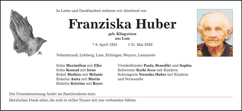 Traueranzeige Franziska Huber