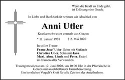 Traueranzeige Anni Utler