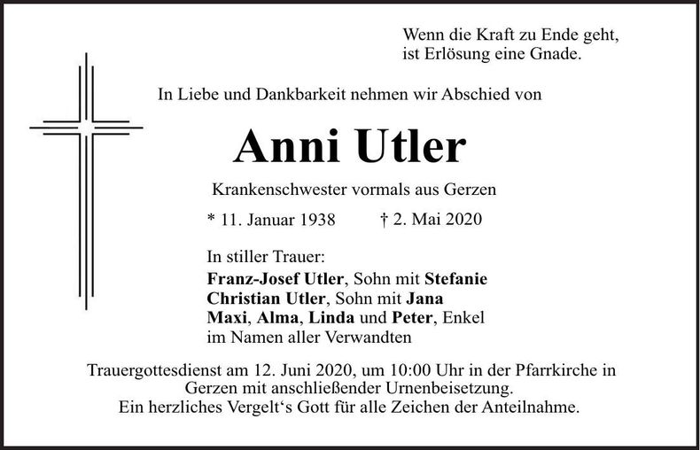 Traueranzeige Anni Utler