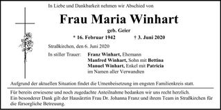 Traueranzeige Maria Winhart