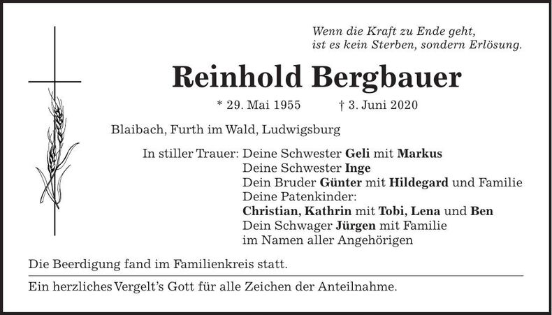 Traueranzeige Reinhold Bergbauer
