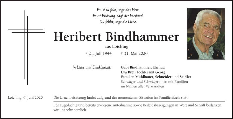 Traueranzeige Heribert Bindhammer