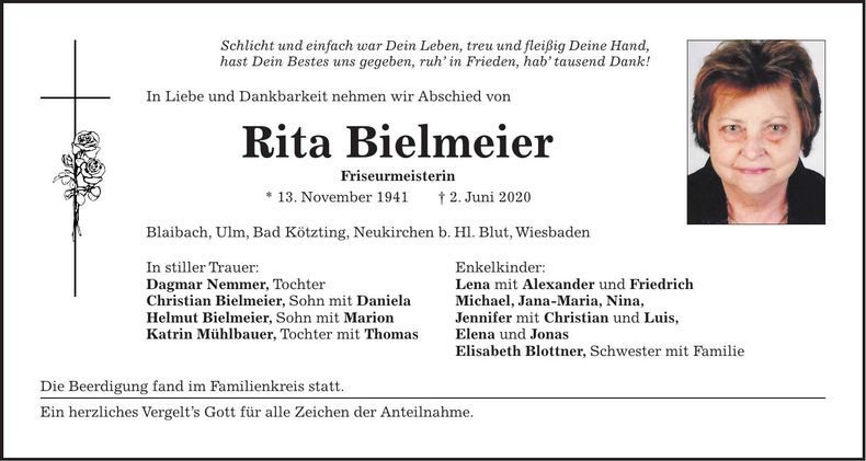 Traueranzeige Rita Bielmeier