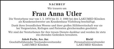 Traueranzeige Anna Utler