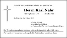 Traueranzeige Karl Nahr