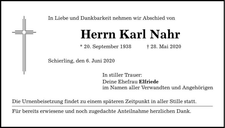 Traueranzeige Karl Nahr