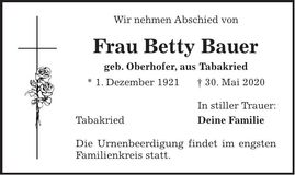 Traueranzeige Betty Bauer