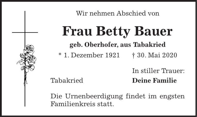 Traueranzeige Betty Bauer