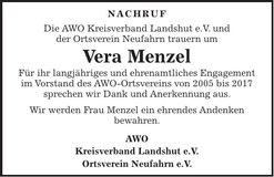 Traueranzeige Vera Menzel