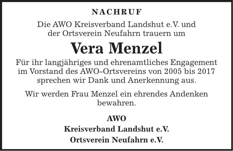 Traueranzeige Vera Menzel