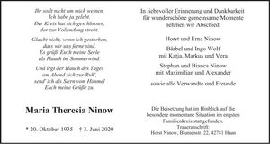 Traueranzeige Theresia Ninow