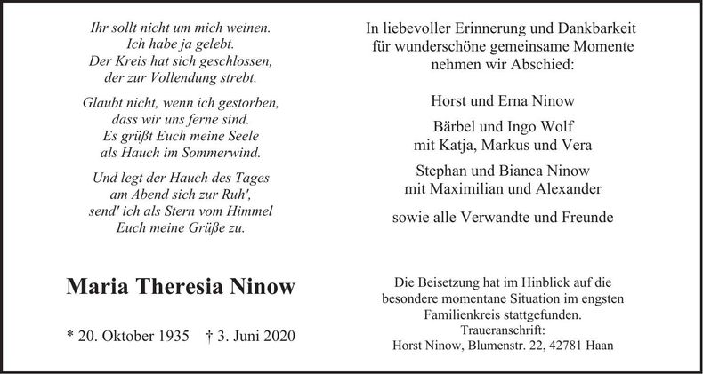 Traueranzeige Theresia Ninow