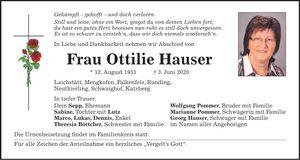 Traueranzeige Ottilie Hauser
